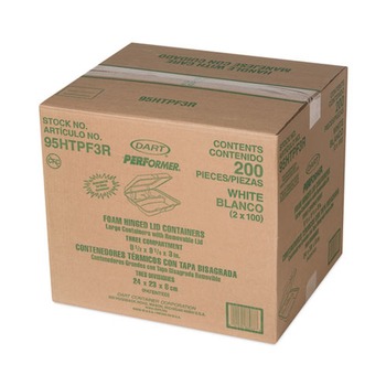 Dart 95HTPF3R 9.3 in. x 9.5 in. x 3 in. 3-Compartment Foam Hinged Lid Container - White (200/Carton)