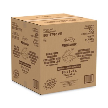Dart 90HTPF1VR 9 in. x 9.4 in. x 3 in. Foam Hinged Vented Lid Container - White (200/Carton)