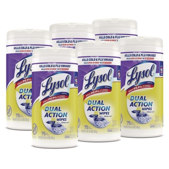 LYSOL Brand 19200-81700 7 in. x 7.5 in. 1-Ply Dual Action Disinfecting Wipes - Citrus, White/Purple (6 Canisters/Carton)