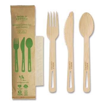 CUTLERY KITS | World Centric AS-BB-TN 6.7 in. Knife/Fork/Spoon/Napkin Bamboo Cutlery - Natural (250/Carton)