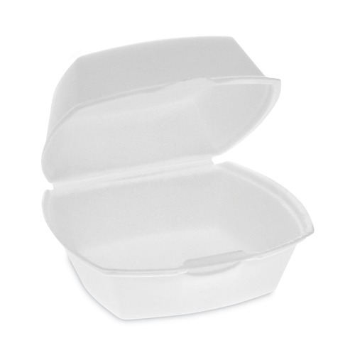 Food Containers & Lids | Pactiv Corp. YTH100790000 5.13 in. x 5.13 in. x 2.5 in. Single Tab Lock Foam Hinged Lid Containers - White (500/Carton) image number 0