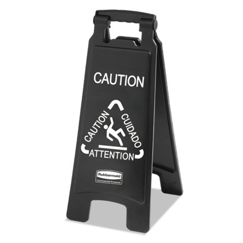 Signs & Sign Holders | Rubbermaid Commercial 1867505 Executive 2-Sided 10-9/10 in. x 26-1/10 in. Multi-Lingual Caution Sign - Black/White image number 0
