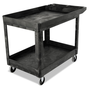 Rubbermaid Commercial FG452089BLA 25.78 in. x 45.25 in. x 33.25 in. 500 lbs. Capacity 2 Shelves Plastic Heavy-Duty Utility Cart with Lipped Shelves - Black
