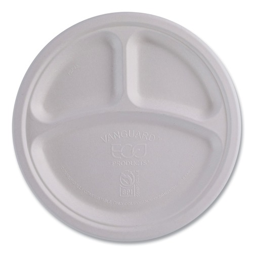 Plates | Eco-Products EP-P007NFA Vanguard 10 in. diameter 3-Compartment Renewable and Compostable Sugarcane Plates - White (500/Carton) image number 0
