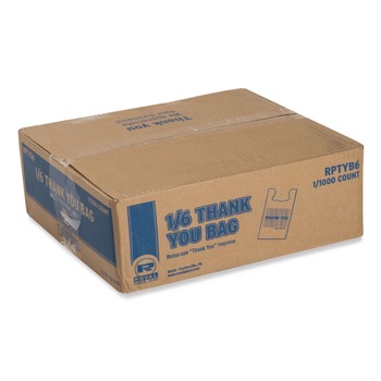 T SACKS AND THANK YOU BAGS | AmerCareRoyal RPTYB6 11.5 in. x 6.5 in. x 21 in. Thank You - Have a Nice Day Labeling Cut-Out Handles Thank You Bags - White/Red (1000/Carton)