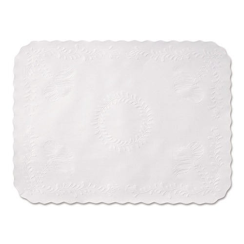 Placemats | Hoffmaster TC8704472 14 in. x 19 in. Anniversary Embossed Scalloped Edge Tray Mat - White (1000/Carton) image number 0