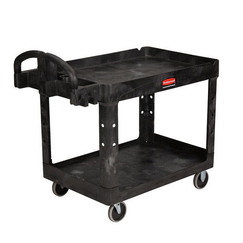 Carts | Rubbermaid Commercial FG452088BLA 25.9 in. x 45.2 in. x 32.2 in. 500 lbs. Capacity 2 Lipped Shelves Heavy-Duty Plastic Utility Cart - Black image number 0