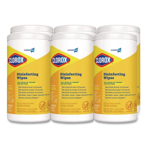 Cleaning Cloths & Wipes | Clorox 15948 7 in. x 8 in. 1-Ply Disinfecting Wipes - Lemon Fresh, White (75/Canister, 6/Carton) image number 0