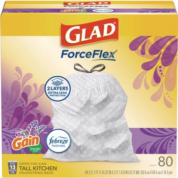 DRAWSTRING AND KITCHEN BAGS | Glad 78902 OdorShield 24 in. x 27.38 in. 13 Gallon Tall Kitchen Drawstring Bags - White/Lavender Breeze Scent (80/Box)
