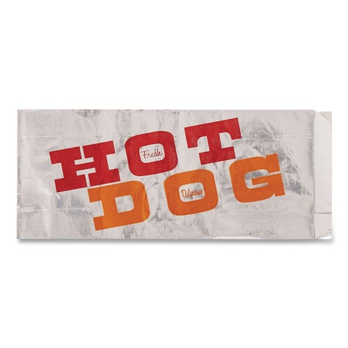 Food & Utility Bags | Bagcraft 300455 "Hot Dog" Label 3.5 in. x 8.5 in. Foil Single-Serve Bags - Silver (1000/Carton) image number 0