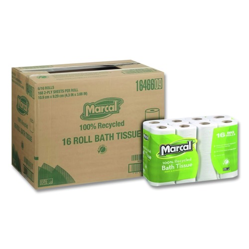 Perforated Roll & Hand Towels | Marcal 16466 100% Recycled 2 Ply Septic Safe Bath Tissue - White (96/Carton) image number 0