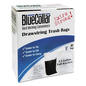 DRAWSTRING AND KITCHEN BAGS | BlueCollar N4828EW RC1 24 in. x 28 in. 13 Gallon Drawstring Trash Bags - White (80 Bags/Box, 6 Boxes/Carton)