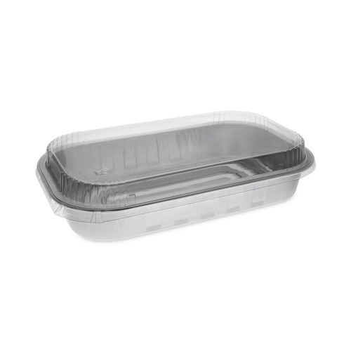 Food Containers & Lids | Pactiv Corp. 6713WPTE 72 oz 12.25 in. x 7.5 in. x 3.13 in. Aluminum Carry-Out Container with OPS Tamper-Evident Dome Lid - Silver (125/Carton) image number 0