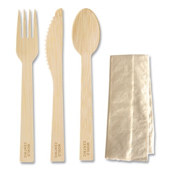 CUTLERY KITS | World Centric AS-BB-TN 6.7 in. Knife/Fork/Spoon/Napkin Bamboo Cutlery - Natural (250/Carton)