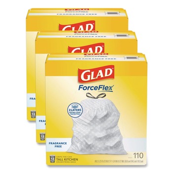 Glad 22541 ForceFlex Kitchen Drawstring Trash Bags, Drawstring, 13 gal, Unscented, 23.47 x 25.38, White, 110 Bags/Box, 3 Boxes/Carton