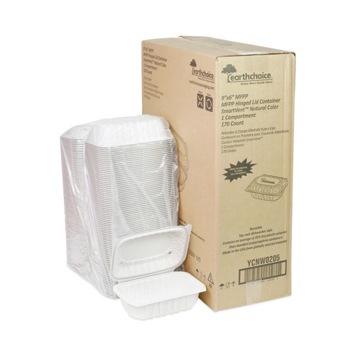 Food Containers & Lids | Pactiv Corp. YCNW0205 9 x 6 x 3.1 EarthChoice Vented Microwavable MFPP Plastic Hinged Lid Container - White (170/Carton) image number 0