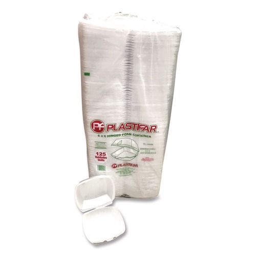 Food Containers & Lids | Plastifar 12175 6 in. x 6 in. x 3 in. Foam Hinged Lid Containers - White (500/Carton) image number 0