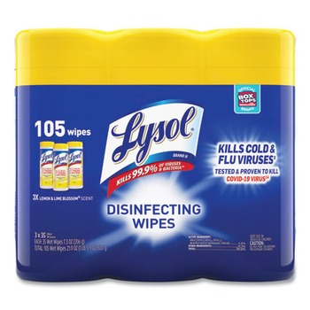 LYSOL Brand 19200-82159 7 in. x 7.25 in. 1-Ply Disinfecting Wipes - Lemon and Lime Blossom White (3/Pack)
