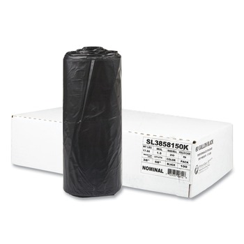 Inteplast Group SL3858150K 38 in. x 58 in. 1.5 mil 60 gal Interleaved Roll Low-Density Commercial Can Liners - Black (20 Bags/Roll, 5 Rolls/Carton)