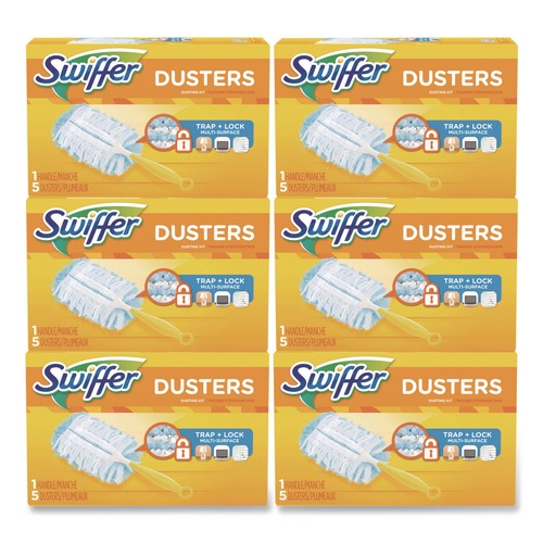 Dusters | Swiffer 11804 Dusters Starter Kit with Dust Lock Fiber and 6 in. Handle - Blue/Yellow (6/Carton) image number 0