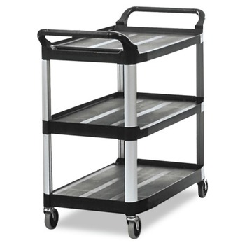 KITCHEN AND SERVICE CARTS | Rubbermaid Commercial FG409100BLA 40.63 in. x 20 in. x 37.81 in. 300 lbs. Capacity 3 Shelves Plastic Xtra Utility Cart with Open Sides - Black