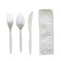 Cutlery Kits | Boardwalk BWK4COMBOKITPP 4-Piece Mediumweight Polypropylene Plastic Fork/Knife/Napkin/Spoon Cutlery Kit - White (250/Carton) image number 1