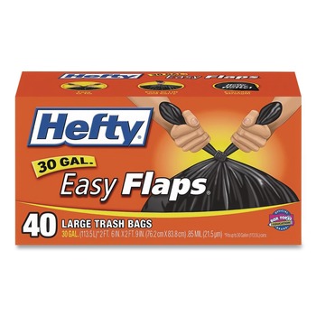 Hefty E27744 30 in. x 33 in. 30-Gallon 0.85 mil Easy Flaps Trash Bags - Black (40/Box, 6 Boxes/Carton)