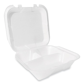 Plastifar 12094 9 in. x 9 in. x 3 in. Secure Two Tab Latch Poly Bag 3 Compartments Foam Hinged Lid Container - White (200/Carton)