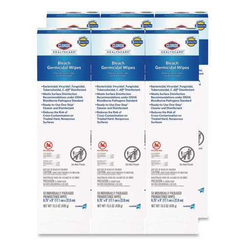 Cleaning Cloths & Wipes | Clorox Healthcare 31424 6.75 in. x 9 in. 1-Ply Individual Bleach Germicidal Wipes - Unscented White (6/Carton) image number 0