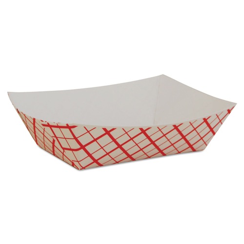 Food Trays & Liners | SCT SCH 0409 4.58 in. x 3.2 in. x 1.25 in. Paper Food Baskets - Red/White (1000/Carton) image number 0
