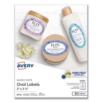  | Avery 22820 2 in. x 3.33 in. Labels with Sure Feed and Easy Peel - Oval Glossy White (80/Pack)
