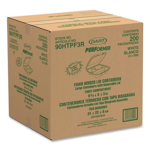 Food Containers & Lids | Dart 90HTPF3R 9 in. x 9.4 in. x 3 in. 3-Compartment Performer Perforated Foam Hinged Lid Container - White (200/Carton) image number 0