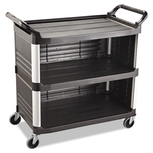 Carts | Rubbermaid Commercial FG409300BLA 40.63 in. x 20 in. x 37.81 in. 300 lbs. Capacity 3 Shelves Plastic Xtra Utility Cart with Enclosed Sides and Back - Black image number 0