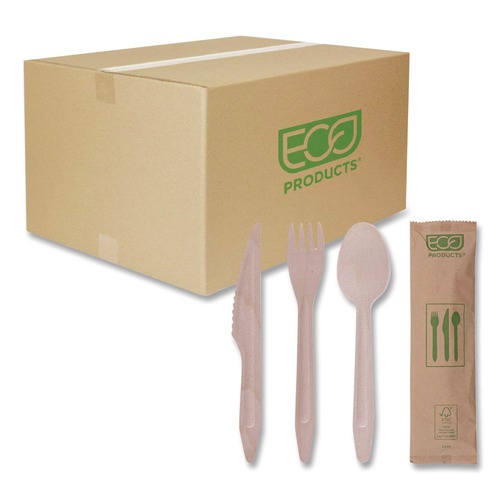 Cutlery Kits | Eco-Products EP-S215 General Purpose Fork/Knife/Napkin/Spoon Wood Cutlery - Natural (500/Carton) image number 0
