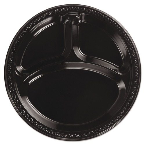 Plates | Chinet 81430 10.25 in. Diameter Heavyweight Plastic 3-Compartment Plates - Black (500/Carton) image number 0