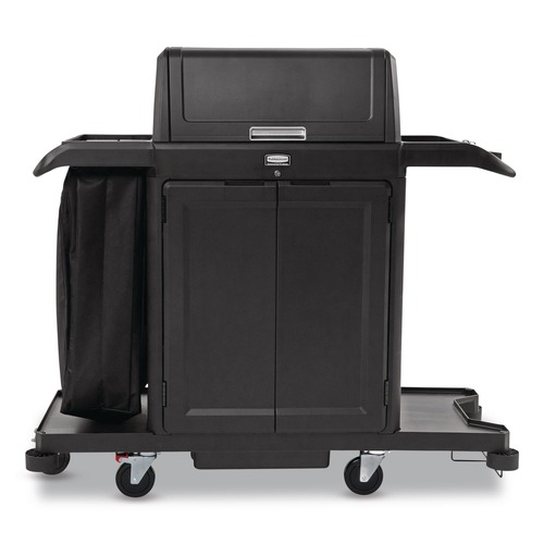 Janitorial & Housekeeping Carts | Rubbermaid Commercial 2202587 24.4 in. x 62.4 in. x 56.9 in. 4-Shelf Housekeeping Cart with Hood and Doors - Black image number 0