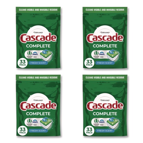 Dishwashing Detergents | Cascade 80797047 Complete ActionPacs, Fresh Scent, 17.6 oz Bag, 33 Pacs/Bag, 4 Bags/Carton image number 0