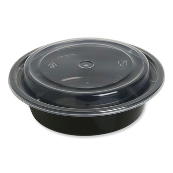 GEN FCPP-BC-16RND 6.29 in. x 6.29 in. x 1.96 in. 16 oz. Plastic Microwavable Food Container with Lid - Round Black/Clear (150/Carton)