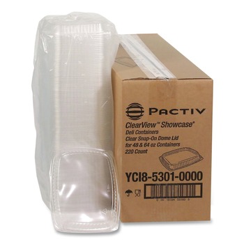 Pactiv Corp. YCI853010000 9 x 7.4 x 1 Showcase Deli Plastic Dome Lid for 3-Compartment 48/64 oz Containers - Clear (220/Carton)