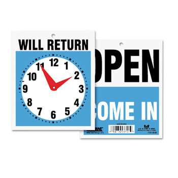 BUSINESS AND ERASABLE SURFACE SIGNAGE | Headline Sign 9382 7.5 in. x 9 in. Plastic Double-Sided Open/Will Return Sign with Clock Hands