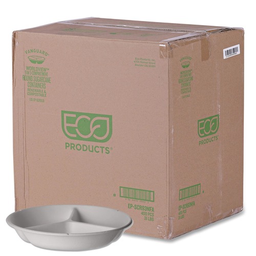 Food Containers & Lids | Eco-Products EP-SCR93NFA 3-Compartment Bowl 28 oz Vanguard Renewable and Compostable Sugarcane Containers - White (400/Carton) image number 0