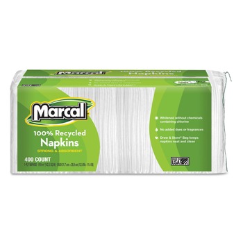 LUNCHEON NAPKINS | Marcal 6506 1-Ply 11.4 in. x 12.5 in. 100% Recycled Lunch Napkins - White (400/Pack)