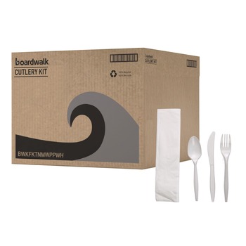 Boardwalk BWKFKTNMWPPWH 4-Piece Polypropylene Cutlery Kit - White (250/Carton)