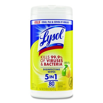 LYSOL Brand 19200-77182 7 in. x 7.25 in. 1-Ply Disinfecting Wipes - Lemon and Lime Blossom, White (80 Wipes/Canister)
