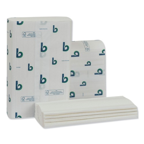 Perforated Roll & Hand Towels | Boardwalk BWK6204 1-Ply 9 in. x 9.5 in. Structured Multifold Towels - White (16/Carton) image number 0