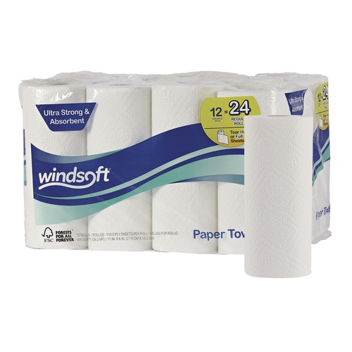Perforated Roll & Hand Towels | Windsoft SOD418231 11 in. x 6 in. 2-Ply Premium Kitchen Roll Towels - White (110/Roll, 12 Rolls/Carton) image number 0