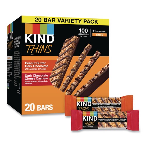 Meals & Snack Bars | KIND 41891 0.74 oz Thins Bar Variety Pack - Dark Chocolate Cherry Cashew/Peanut Butter Dark Chocolate (20/Box) image number 0