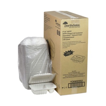 FOOD CONTAINERS AND LIDS | Pactiv Corp. YCNW02052 2-Compartment 9 x 6 x 3.1 EarthChoice Vented Microwavable MFPP Plastic Hinged Lid Container - White (170/Carton)