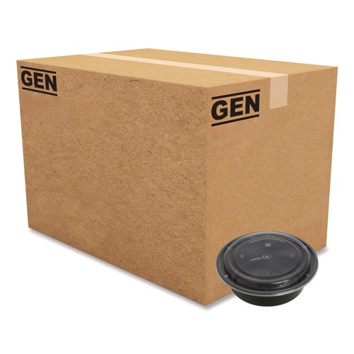 Food Containers & Lids | GEN FCPP-BC-32RND 7.28 in. x 7.28 in. x 2.55 in. 32 oz. Plastic Microwavable Food Container with Lid - Round Black/Clear (150/Carton) image number 0