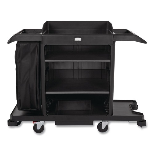 Janitorial & Housekeeping Carts | Rubbermaid Commercial 2202581 24.4 in. x 62.4 in. x 49 in. Full-Size 3-Shelf Housekeeping Cart - Black image number 0